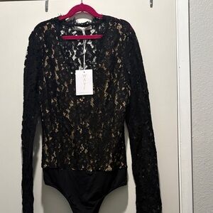 WAYF Black Lace Long Sleeve Bodysuit